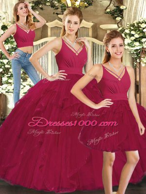 Great Red Tulle Lace Up V-neck Sleeveless Floor Length Vestidos de Quinceanera Ruffles