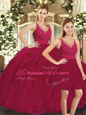 Great Red Tulle Lace Up V-neck Sleeveless Floor Length Vestidos de Quinceanera Ruffles