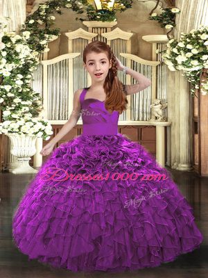 Purple Ball Gowns Organza Straps Sleeveless Ruffles Floor Length Lace Up Party Dress