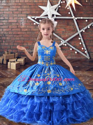 Royal Blue Lace Up Straps Embroidery and Ruffled Layers Child Pageant Dress Satin and Organza Sleeveless