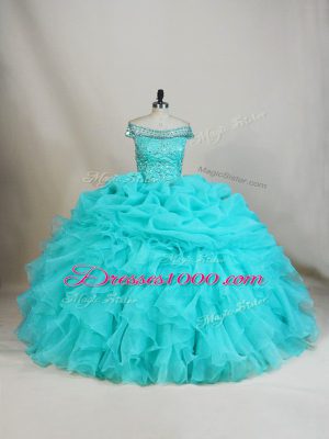 Lovely Aqua Blue Ball Gowns Organza Off The Shoulder Sleeveless Beading and Ruffles Floor Length Lace Up Quinceanera Dress