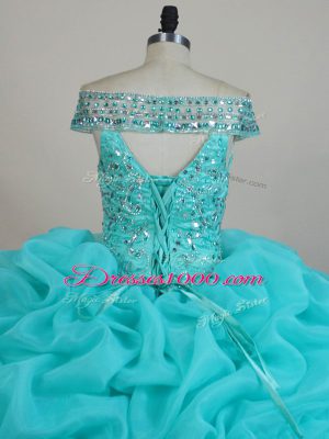 Lovely Aqua Blue Ball Gowns Organza Off The Shoulder Sleeveless Beading and Ruffles Floor Length Lace Up Quinceanera Dress