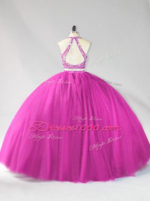 Halter Top Sleeveless Quinceanera Gown Floor Length Beading Fuchsia Tulle