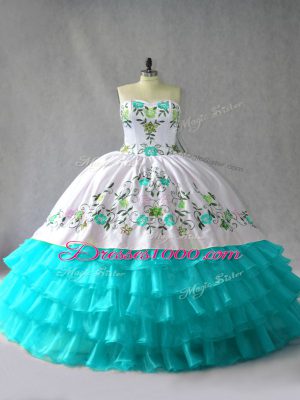 Floor Length Blue And White Quince Ball Gowns Sweetheart Sleeveless Lace Up