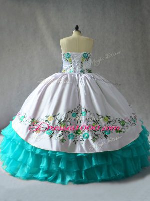 Floor Length Blue And White Quince Ball Gowns Sweetheart Sleeveless Lace Up