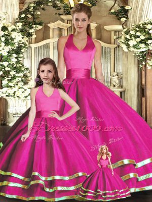 Latest Halter Top Sleeveless 15th Birthday Dress Ruffled Layers Fuchsia Organza