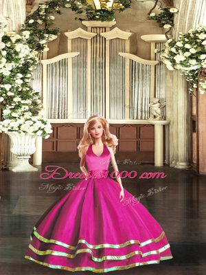 Latest Halter Top Sleeveless 15th Birthday Dress Ruffled Layers Fuchsia Organza