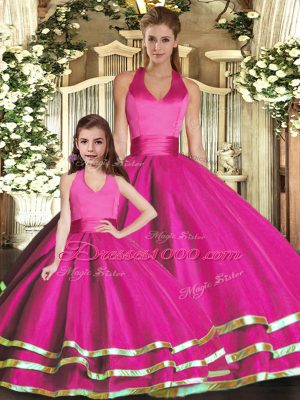 Latest Halter Top Sleeveless 15th Birthday Dress Ruffled Layers Fuchsia Organza