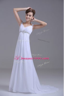 White Chiffon Lace Up Straps Sleeveless Wedding Dress Brush Train Beading