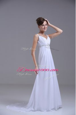 White Chiffon Lace Up Straps Sleeveless Wedding Dress Brush Train Beading