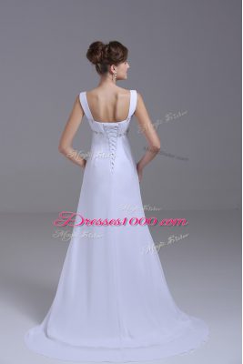 White Chiffon Lace Up Straps Sleeveless Wedding Dress Brush Train Beading