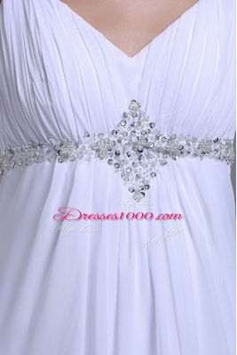 White Chiffon Lace Up Straps Sleeveless Wedding Dress Brush Train Beading