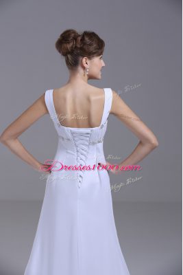 White Chiffon Lace Up Straps Sleeveless Wedding Dress Brush Train Beading