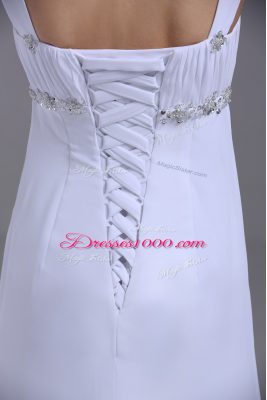 White Chiffon Lace Up Straps Sleeveless Wedding Dress Brush Train Beading