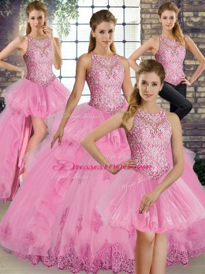 Lace and Embroidery and Ruffles 15th Birthday Dress Rose Pink Lace Up Sleeveless Floor Length