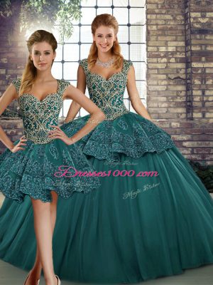 Exceptional Green Sleeveless Tulle Lace Up 15 Quinceanera Dress for Military Ball and Sweet 16 and Quinceanera