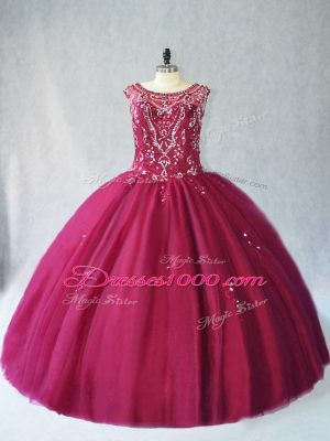 Sleeveless Floor Length Beading Lace Up Sweet 16 Quinceanera Dress with Burgundy