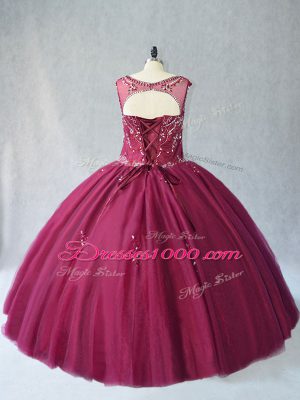 Sleeveless Floor Length Beading Lace Up Sweet 16 Quinceanera Dress with Burgundy