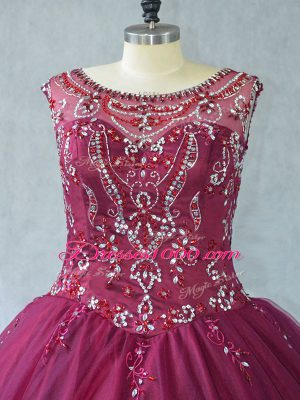 Sleeveless Floor Length Beading Lace Up Sweet 16 Quinceanera Dress with Burgundy