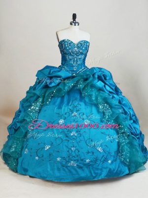 Low Price Floor Length Teal Quince Ball Gowns Taffeta Sleeveless Beading and Embroidery and Pick Ups