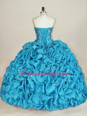 Low Price Floor Length Teal Quince Ball Gowns Taffeta Sleeveless Beading and Embroidery and Pick Ups