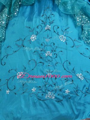 Low Price Floor Length Teal Quince Ball Gowns Taffeta Sleeveless Beading and Embroidery and Pick Ups