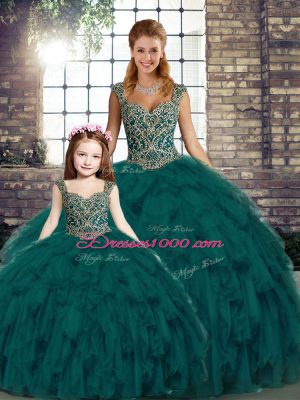 Peacock Green Organza Lace Up Sweet 16 Dresses Sleeveless Floor Length Beading and Ruffles