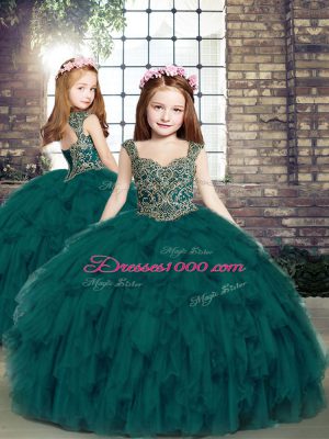 Peacock Green Organza Lace Up Sweet 16 Dresses Sleeveless Floor Length Beading and Ruffles