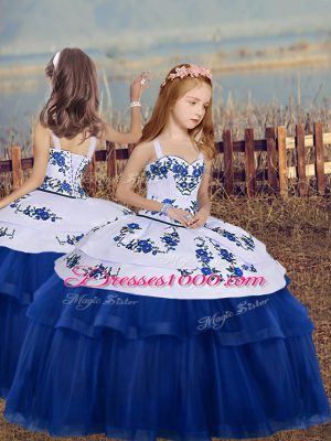 Blue Ball Gowns Straps Sleeveless Tulle Floor Length Lace Up Embroidery Party Dress for Girls