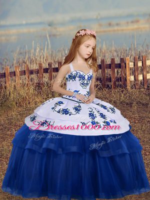 Blue Ball Gowns Straps Sleeveless Tulle Floor Length Lace Up Embroidery Party Dress for Girls