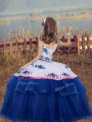 Blue Ball Gowns Straps Sleeveless Tulle Floor Length Lace Up Embroidery Party Dress for Girls