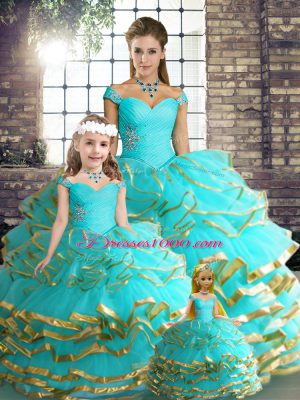 Fashion Aqua Blue Off The Shoulder Lace Up Beading and Ruffled Layers Quinceanera Dresses Sleeveless