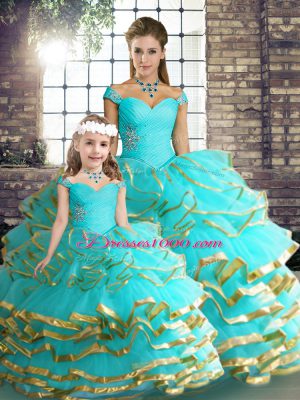 Fashion Aqua Blue Off The Shoulder Lace Up Beading and Ruffled Layers Quinceanera Dresses Sleeveless