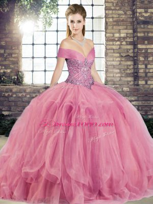 Artistic Watermelon Red Ball Gowns Tulle Off The Shoulder Sleeveless Beading and Ruffles Floor Length Lace Up Ball Gown Prom Dress