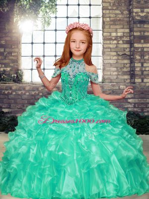 Glorious Apple Green Organza Lace Up High-neck Sleeveless Floor Length Little Girls Pageant Dress Beading and Ruffles