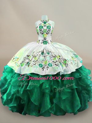 Fashion Dark Green Lace Up Halter Top Embroidery 15th Birthday Dress Organza Sleeveless