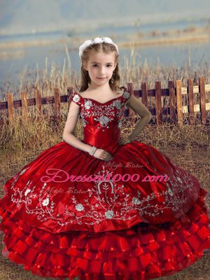 Most Popular Sleeveless Lace Up Floor Length Embroidery and Ruffled Layers Little Girls Pageant Dress