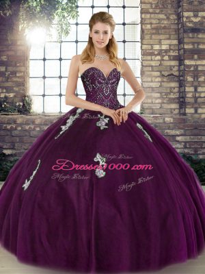Beauteous Dark Purple Sleeveless Tulle Lace Up 15 Quinceanera Dress for Military Ball and Sweet 16 and Quinceanera