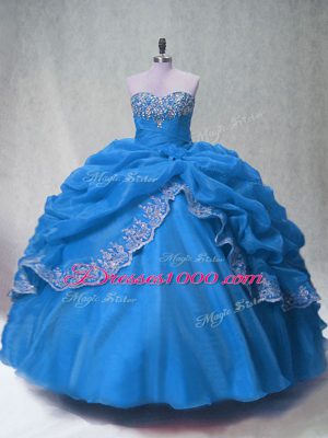 Designer Blue Sleeveless Floor Length Beading and Appliques and Pick Ups Lace Up Quinceanera Gown