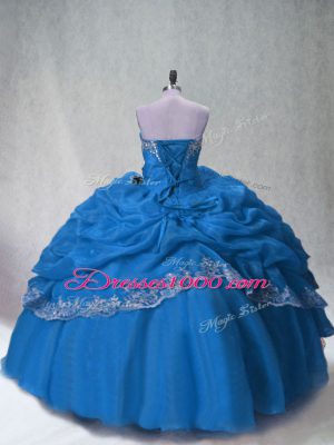 Designer Blue Sleeveless Floor Length Beading and Appliques and Pick Ups Lace Up Quinceanera Gown