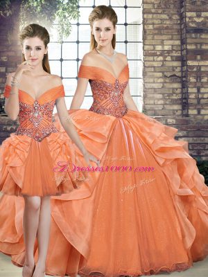 New Style Orange Lace Up Quinceanera Gown Beading and Ruffles Sleeveless Floor Length