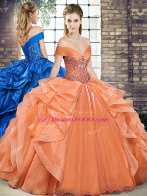 New Style Orange Lace Up Quinceanera Gown Beading and Ruffles Sleeveless Floor Length