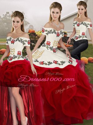 Attractive White And Red Tulle Lace Up Off The Shoulder Sleeveless Floor Length Quince Ball Gowns Embroidery and Ruffles