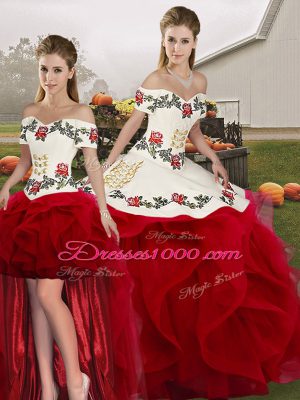 Attractive White And Red Tulle Lace Up Off The Shoulder Sleeveless Floor Length Quince Ball Gowns Embroidery and Ruffles