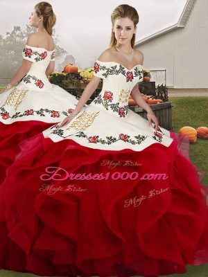 Attractive White And Red Tulle Lace Up Off The Shoulder Sleeveless Floor Length Quince Ball Gowns Embroidery and Ruffles