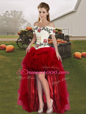 Attractive White And Red Tulle Lace Up Off The Shoulder Sleeveless Floor Length Quince Ball Gowns Embroidery and Ruffles