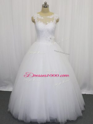 Super White Sleeveless Beading and Lace and Hand Made Flower Floor Length Wedding Dresses