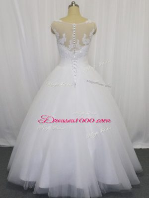 Super White Sleeveless Beading and Lace and Hand Made Flower Floor Length Wedding Dresses