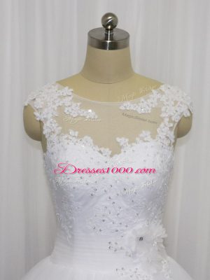 Super White Sleeveless Beading and Lace and Hand Made Flower Floor Length Wedding Dresses