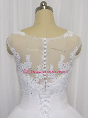 Super White Sleeveless Beading and Lace and Hand Made Flower Floor Length Wedding Dresses